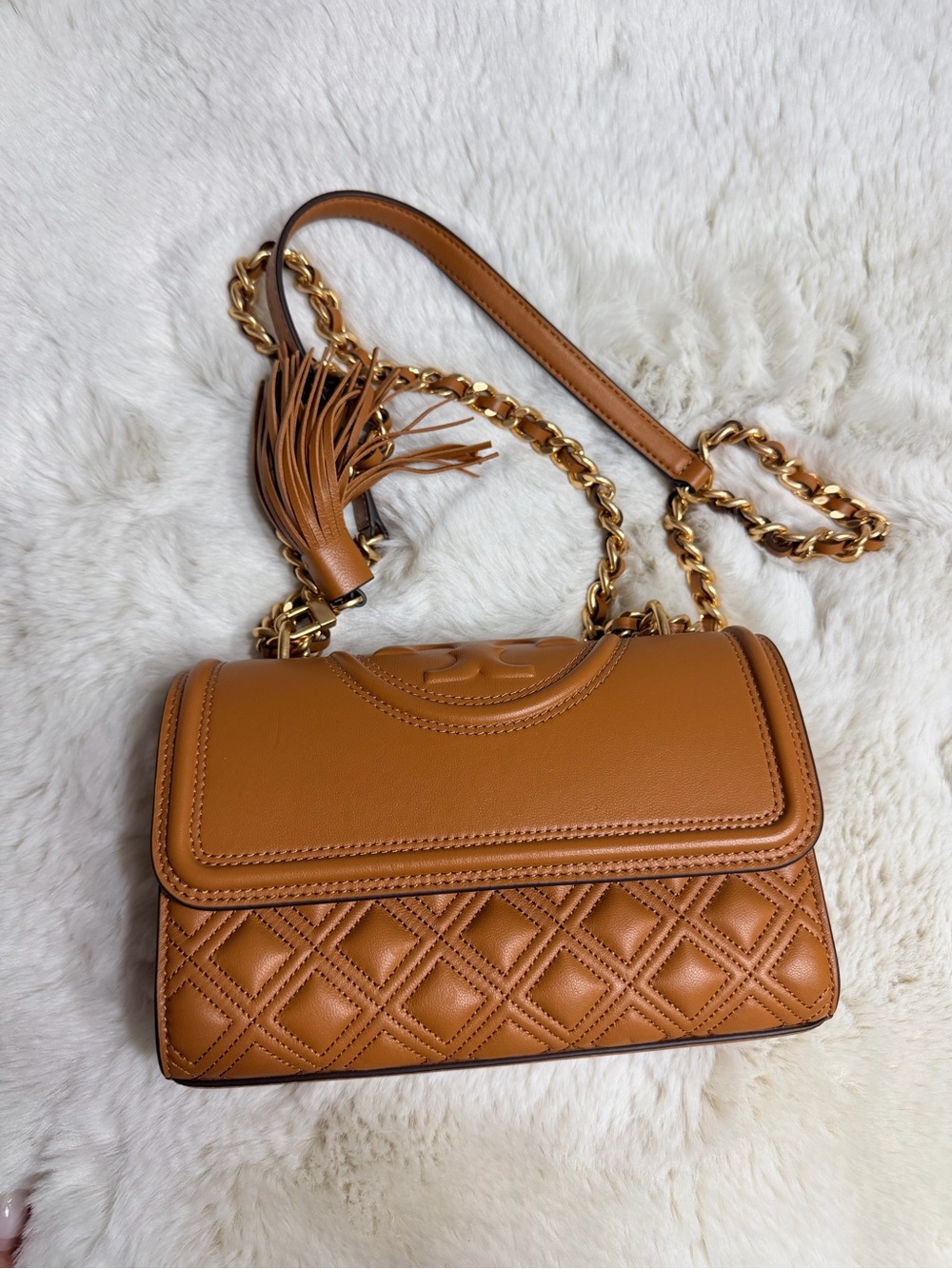Tory Burch Tan Quilted Leather Crossbody with Gold Chain and Tassel